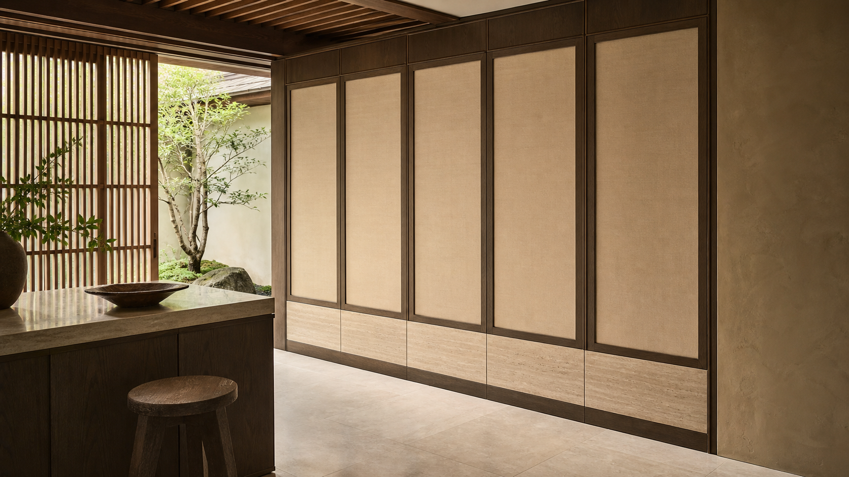 Fadior Resonance Wardrobe Suite with Travertine Rail Dressing Run — lifestyle setting with natural light and residential
