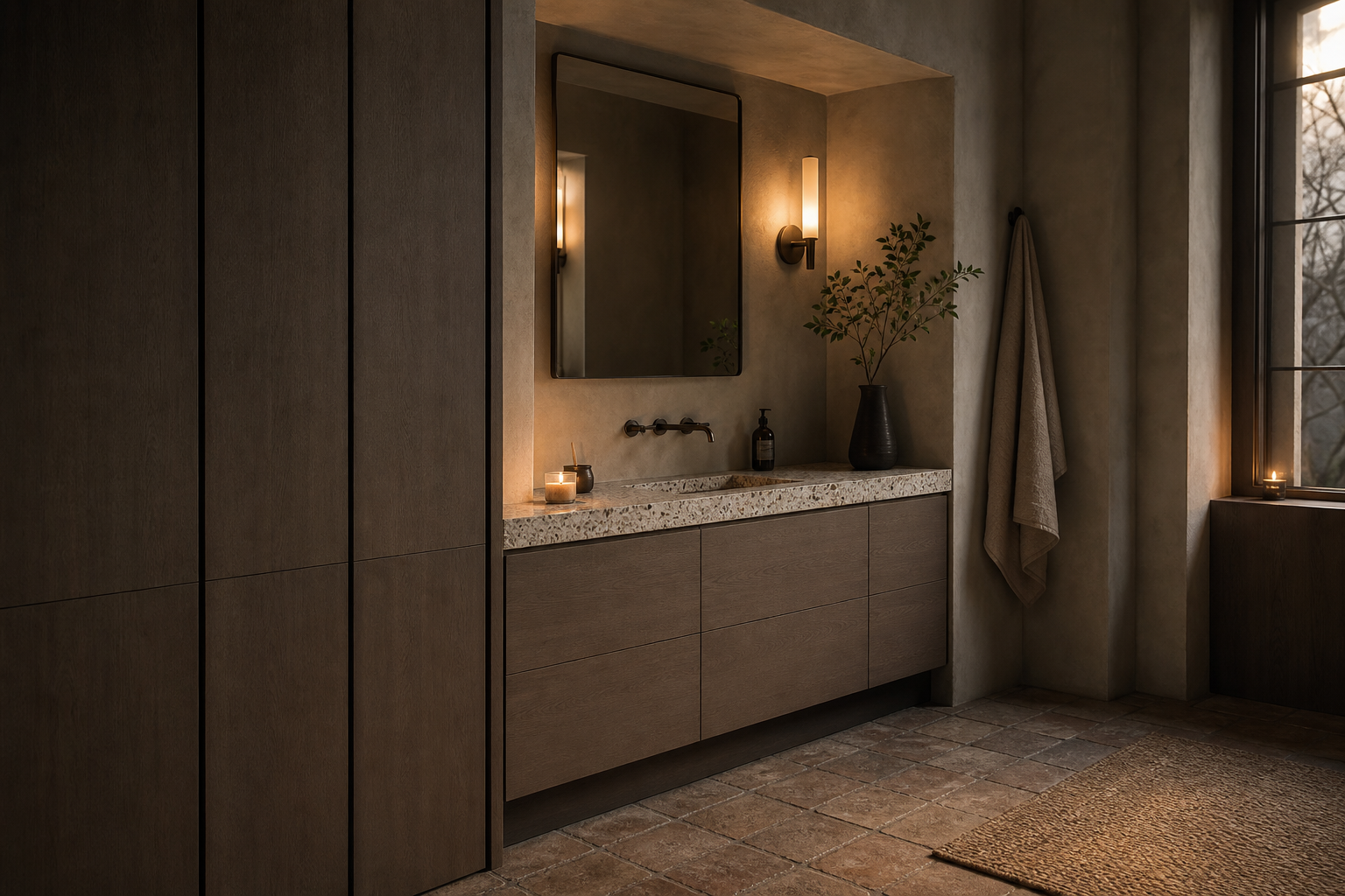 Fadior Alcove Bath and Vanity Suite with Clay Recess Morning Wash Wall — interior room context showing cabinet integration
