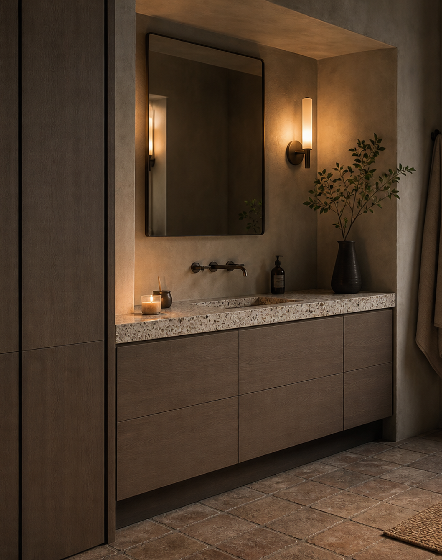 Fadior Alcove Bath and Vanity Suite with Clay Recess Morning Wash Wall — interior room context showing cabinet integration