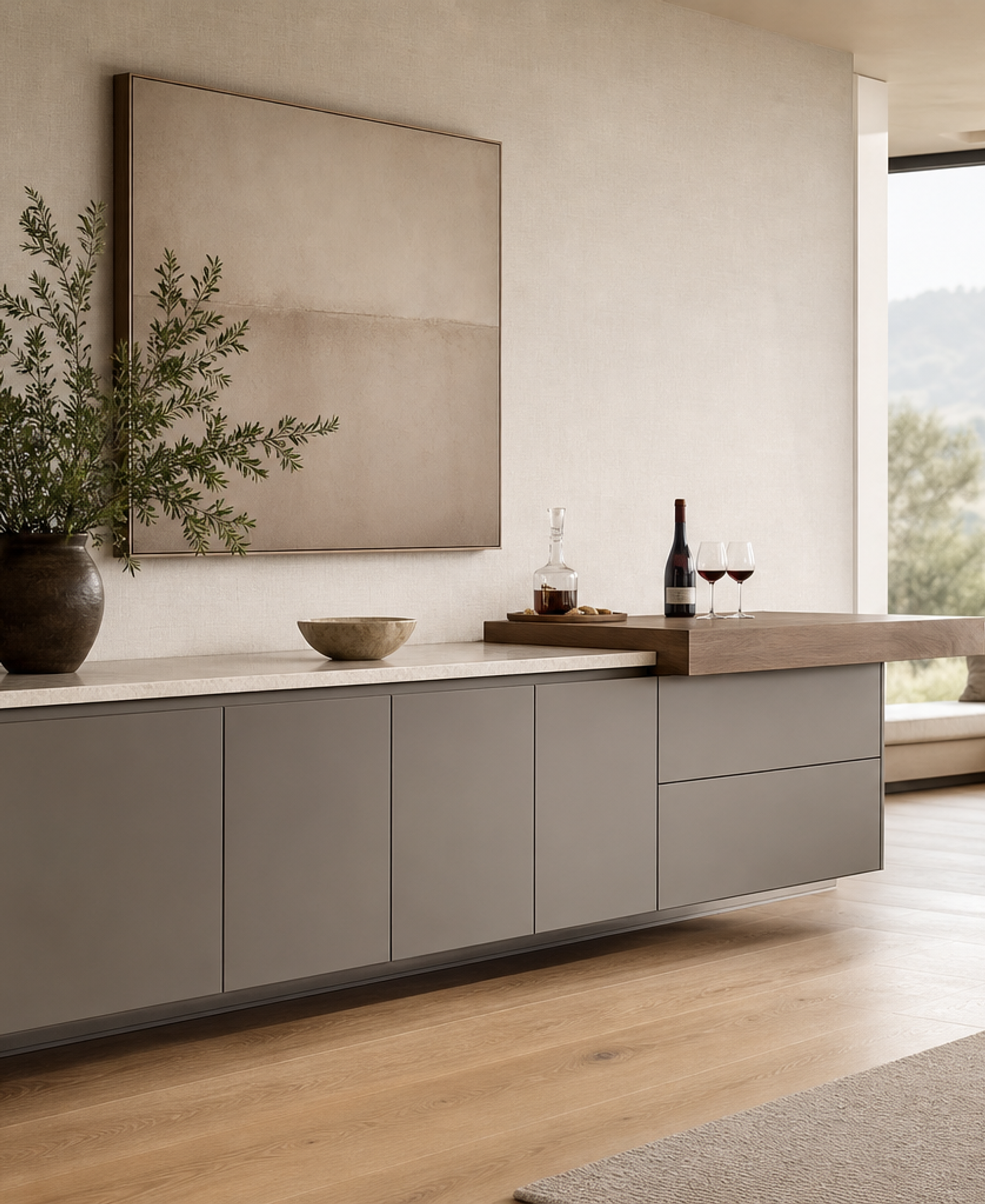 Fadior Estuary Wine Cabinet Suite with Floating Tasting Credenza — 304 stainless steel wine cabinet system, front view