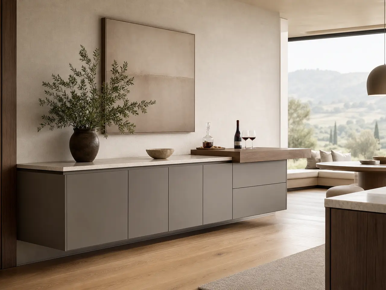 Fadior Estuary Wine Cabinet Suite with Floating Tasting Credenza - built-in stainless steel wine cabinet with bottle display, glass-front storage, lighting, and closed reserve storage