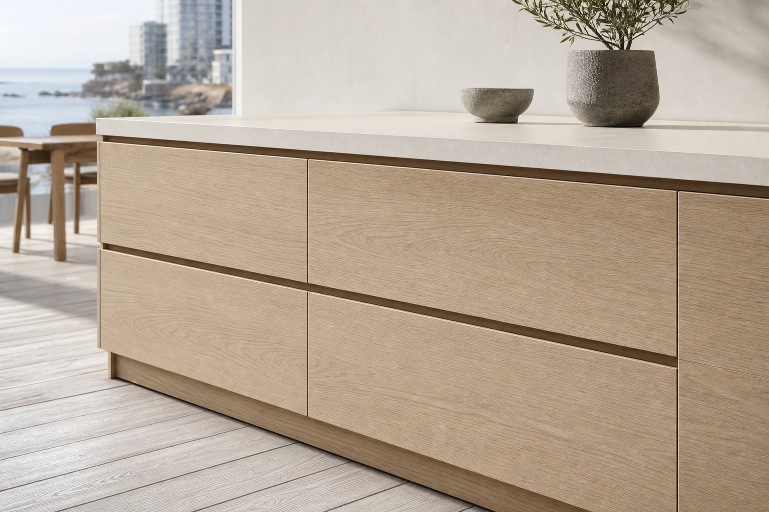 Fadior Vantage Outdoor Kitchen Suite with FSC Blond Counter Gallery — close-up of stainless steel finish and hardware detail