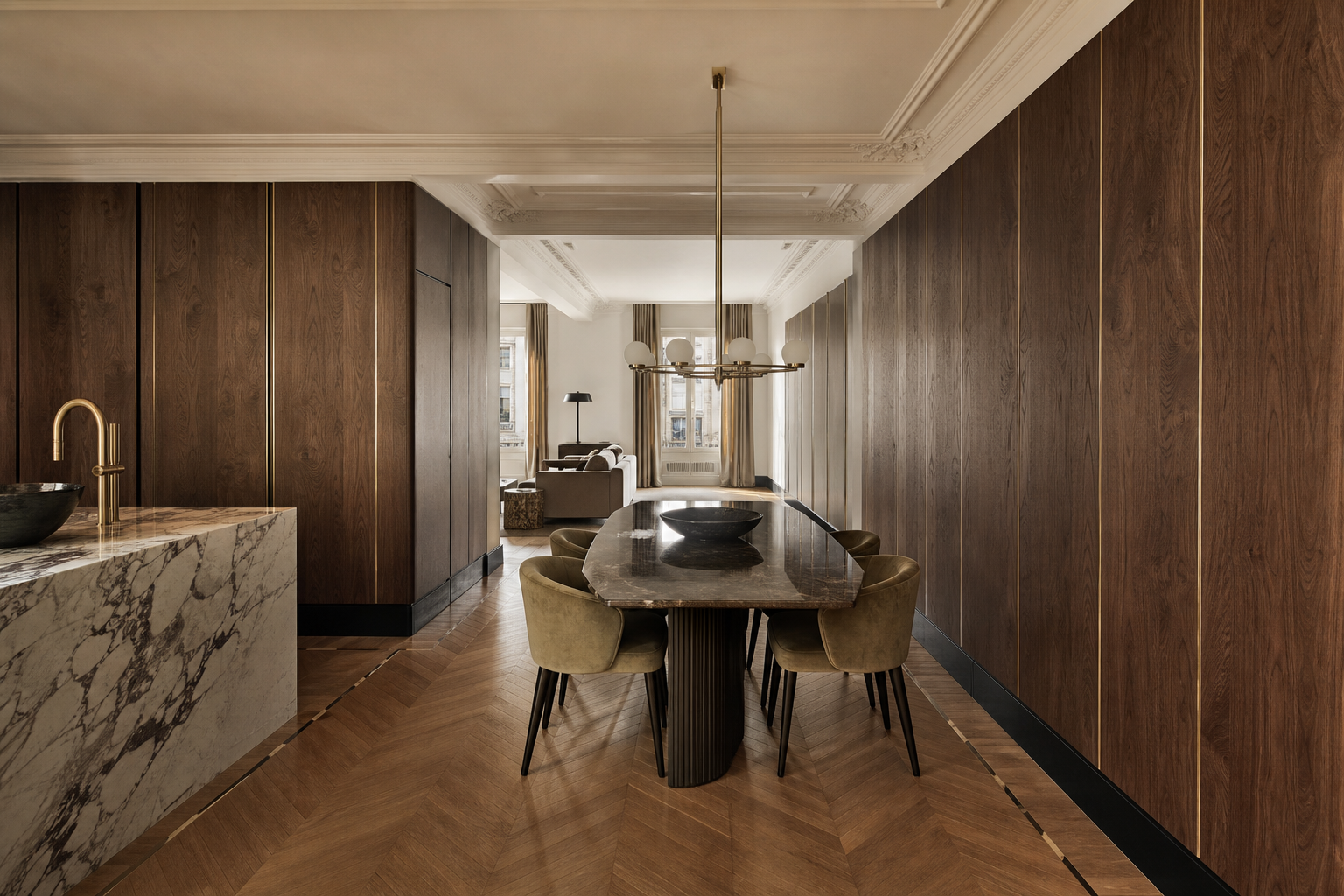 Fadior Miroir Wall Panel Suite with Floorline Plinth Alignment — interior room context showing cabinet integration