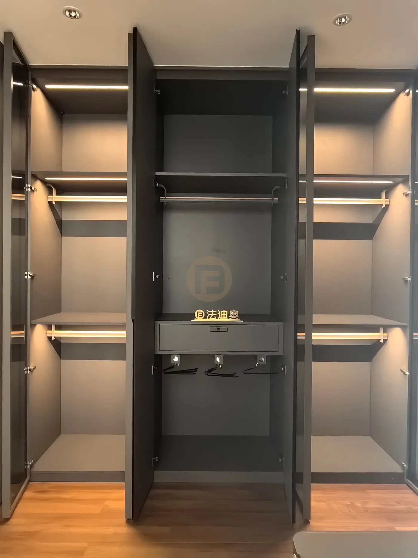 Open charcoal wardrobe interior with lit hanging rails, central drawer bank and pull-down hooks