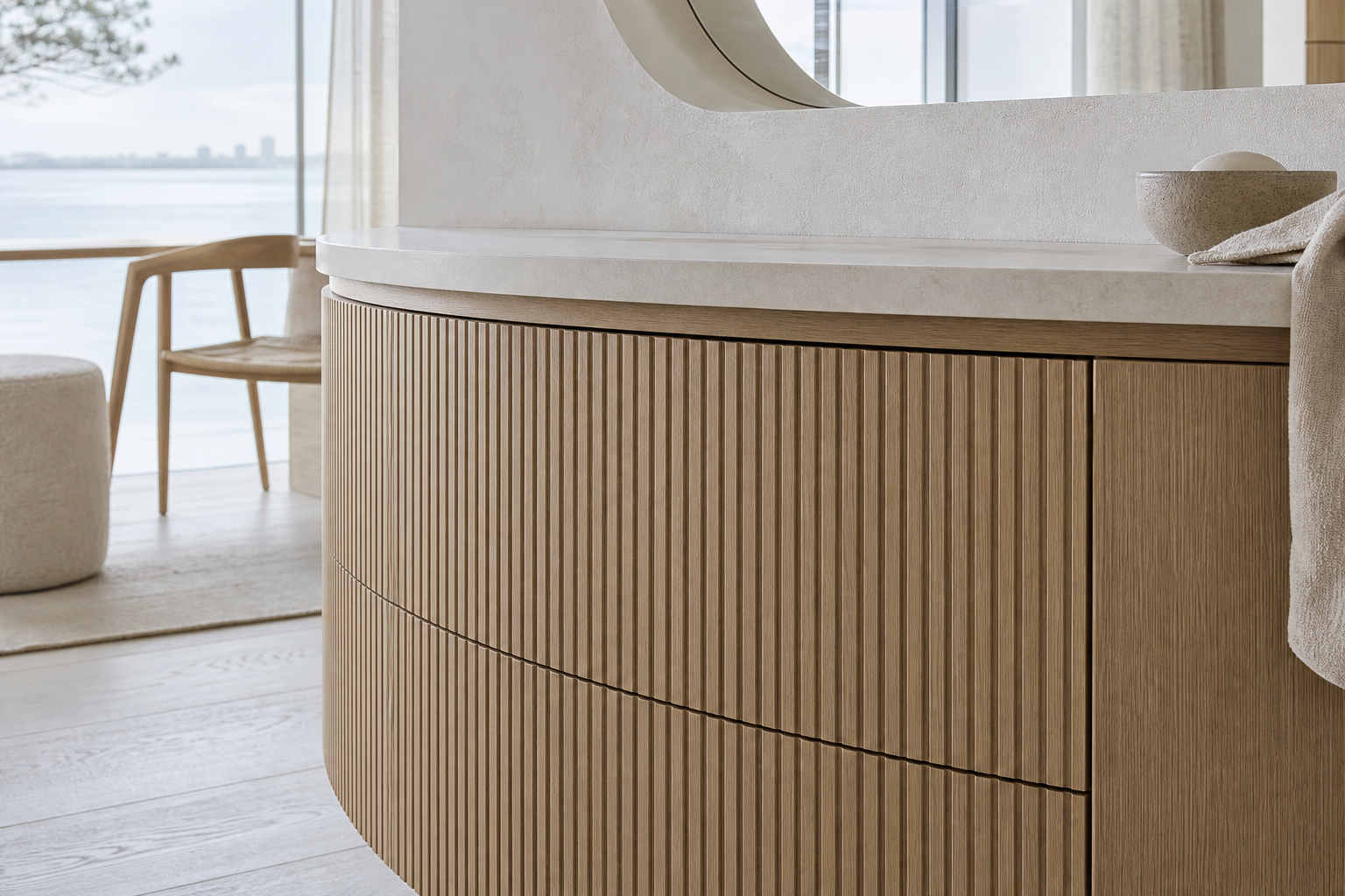 Fadior Solstice Bath and Vanity Suite with Ribbed Crescent Vanity Wall — close-up of stainless steel finish and hardware detail