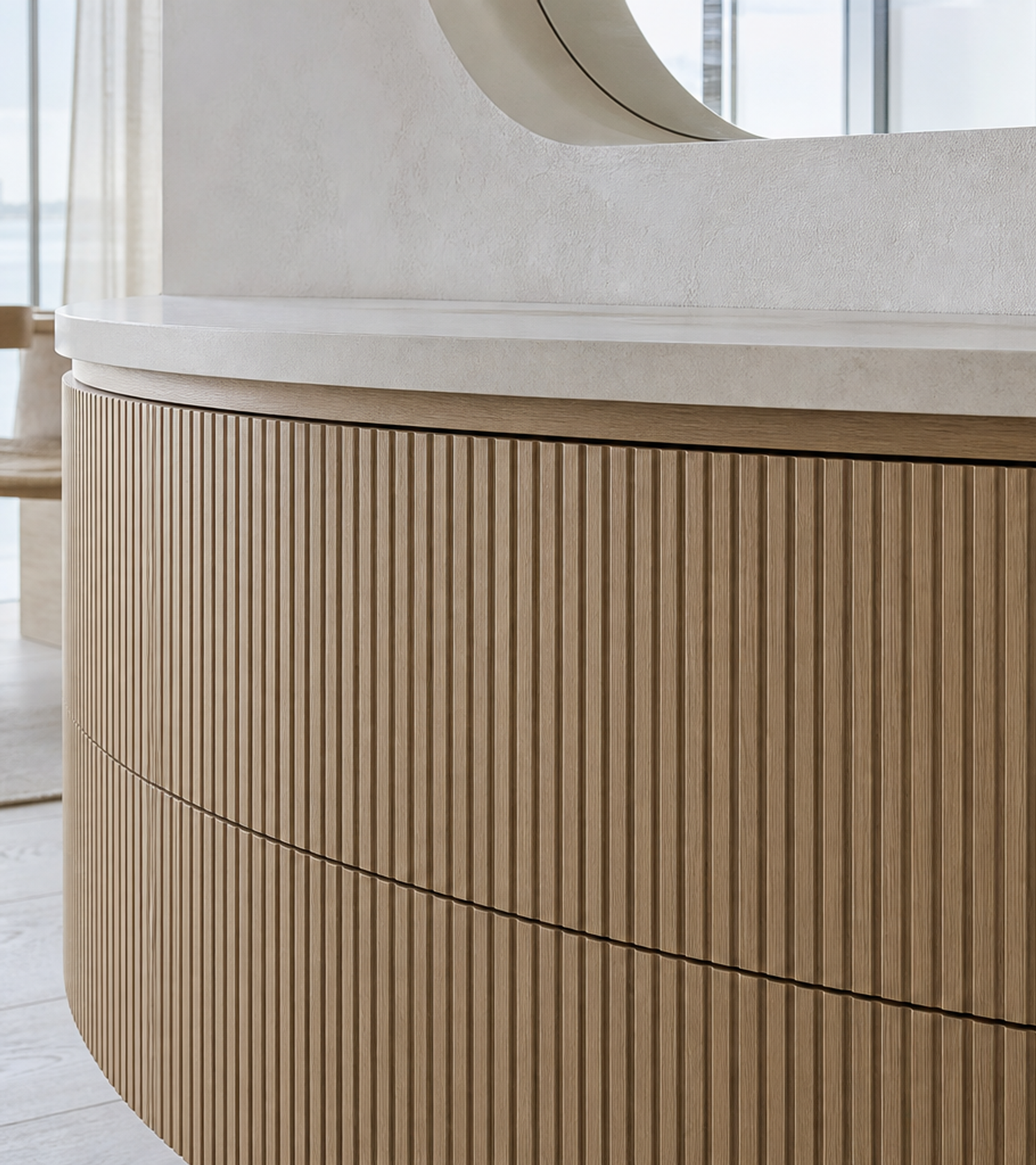 Fadior Solstice Bath and Vanity Suite with Ribbed Crescent Vanity Wall — close-up of stainless steel finish and hardware detail