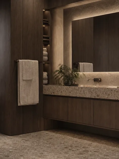 Suite de Baño y Tocador Verve con Pared de Servicio de Toallas Cafe
