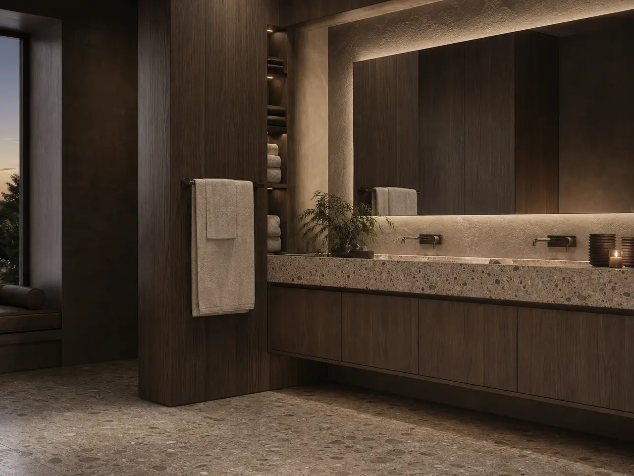 Fadior Verve Bath and Vanity Suite with Cafe Towel Service Wall - waterproof 304 stainless steel bath vanity with mirror storage, moisture-resistant finishes, and grooming storage