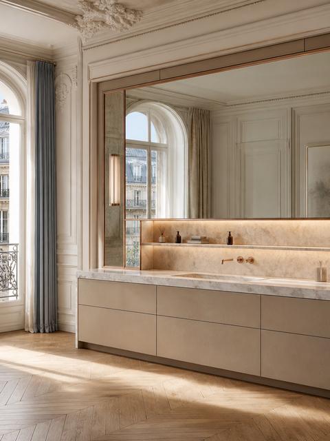 Fadior Alcove Bath and Vanity Suite with Honed Stone Wash Niche — 304 stainless steel bath and vanity system, front view