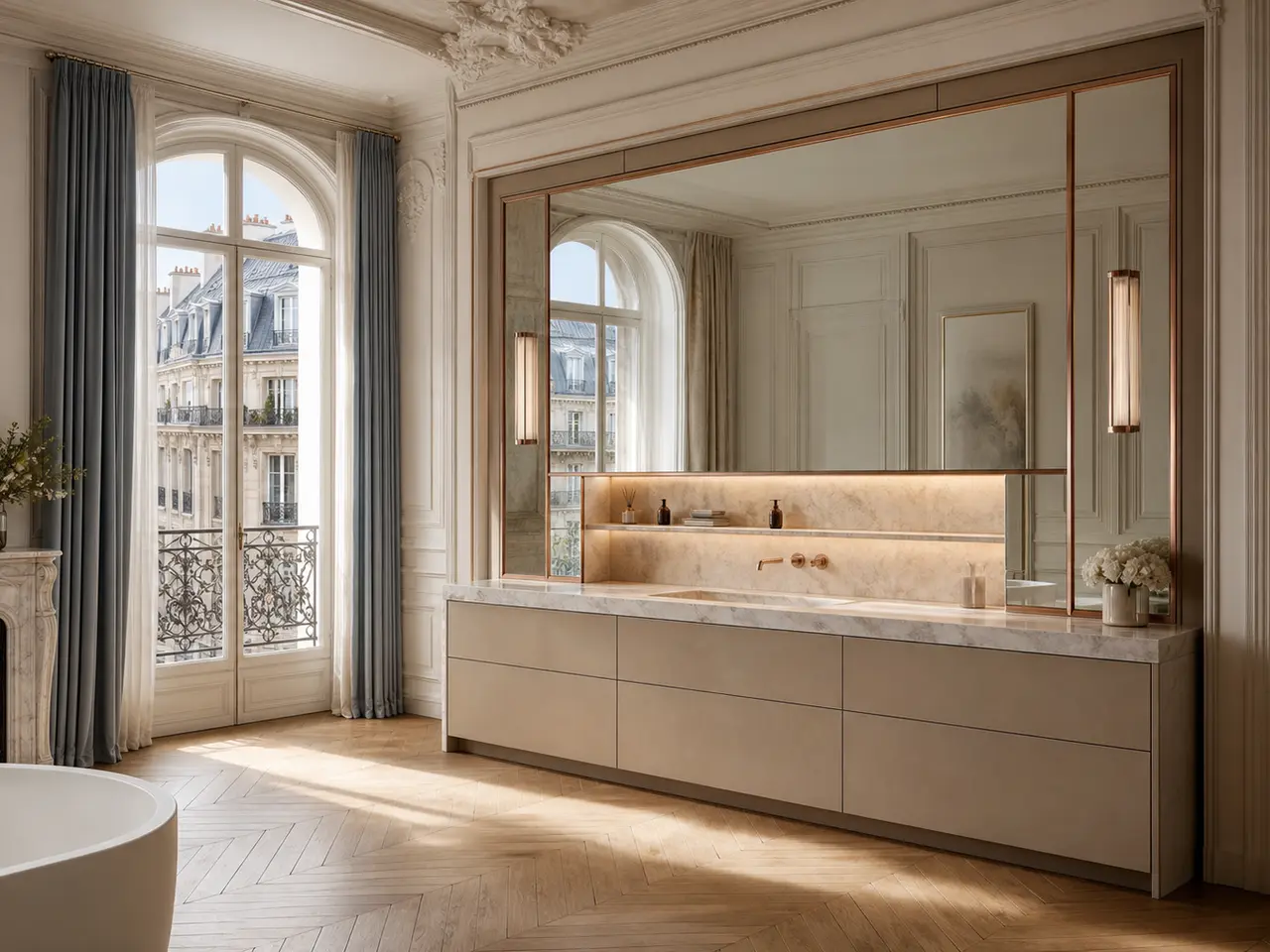 Fadior Alcove Bath and Vanity Suite with Honed Stone Wash Niche - waterproof 304 stainless steel bath vanity with mirror storage, moisture-resistant finishes, and grooming storage