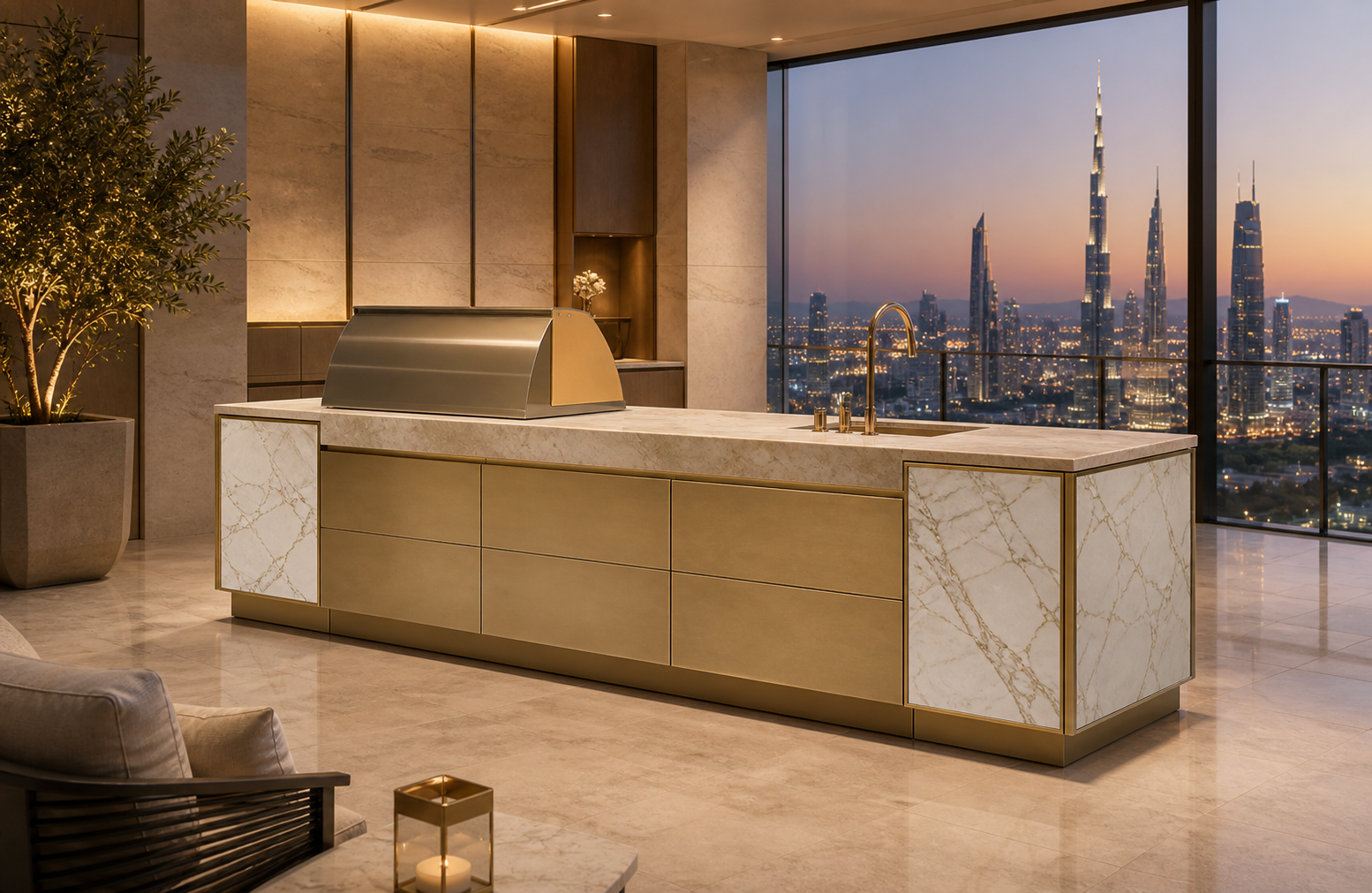 Fadior Vantage Outdoor Kitchen Suite with Champagne Skyline Island — interior room context showing cabinet integration