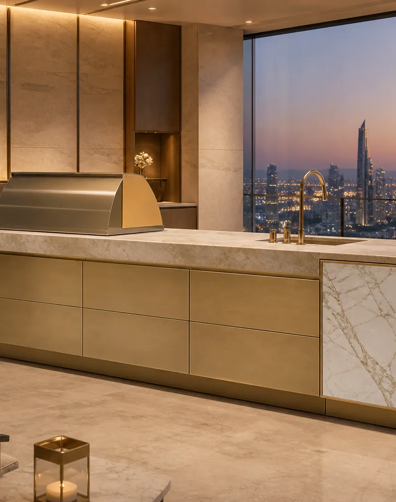 Suite de Cocina Exterior Vantage con Isla Champagne Skyline perspectiva interior