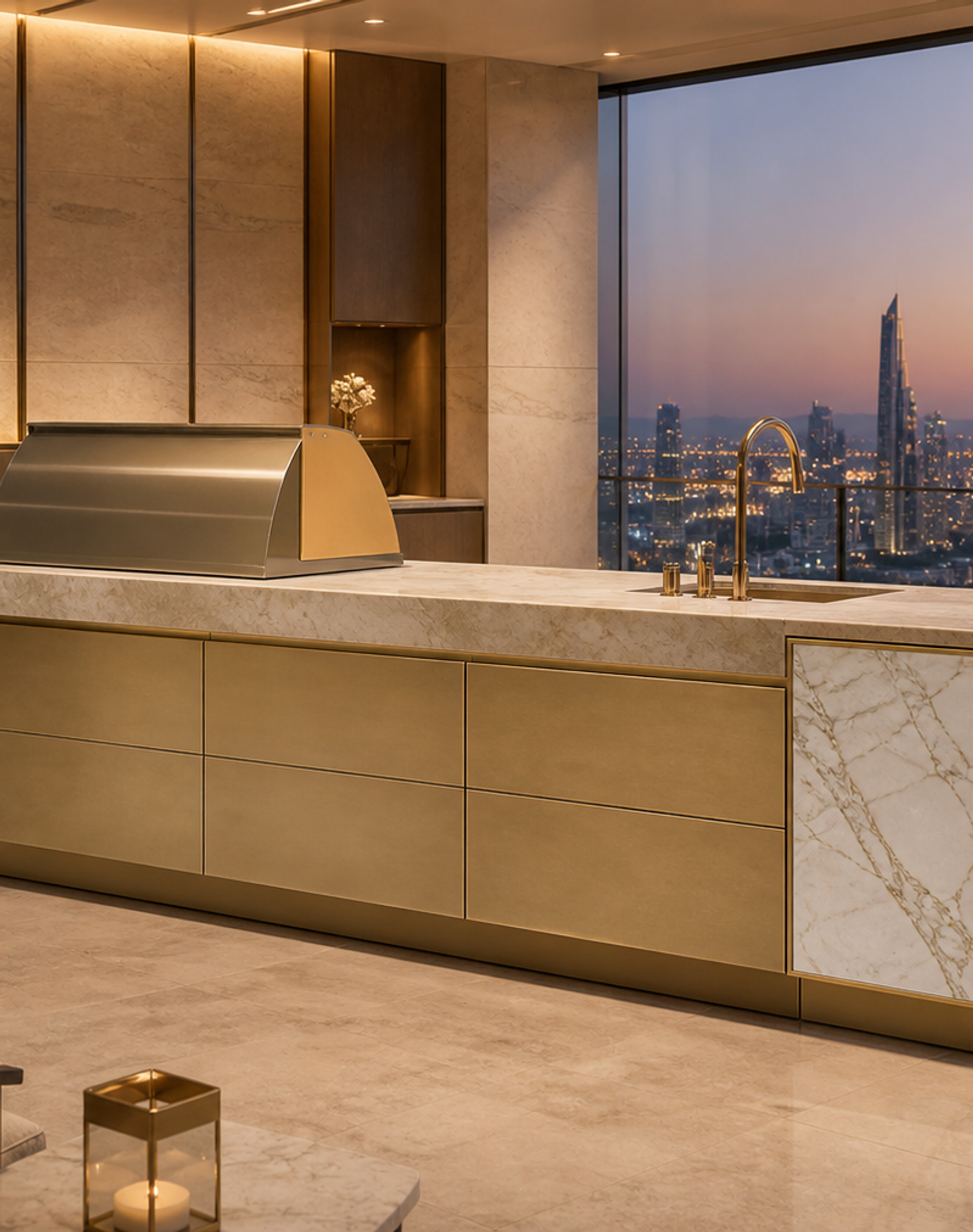 Fadior Vantage Outdoor Kitchen Suite with Champagne Skyline Island — interior room context showing cabinet integration
