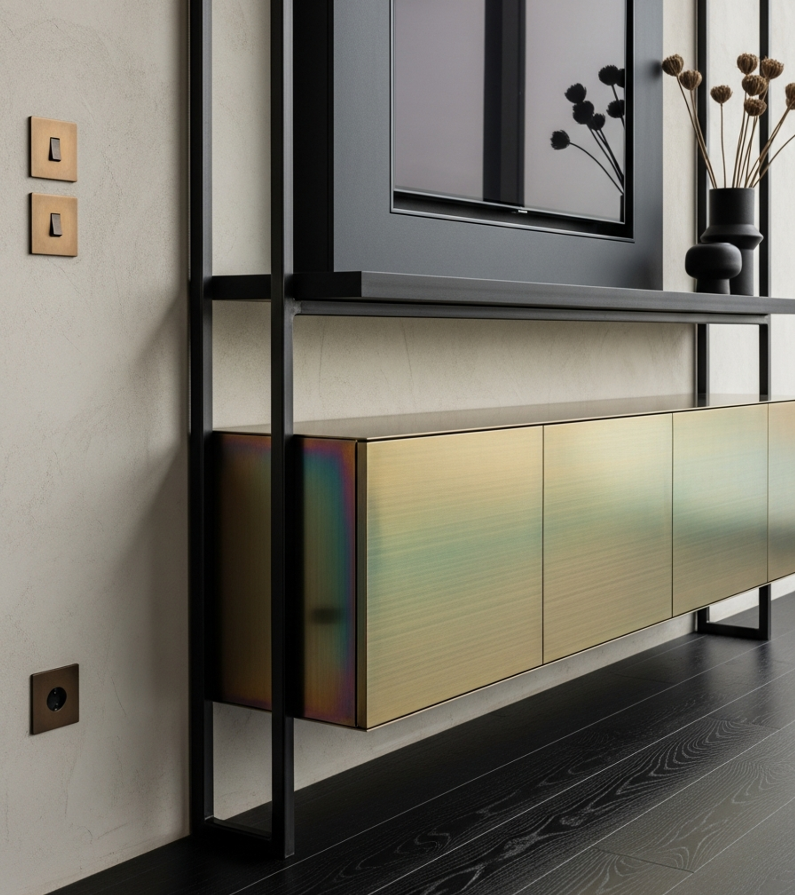 Fadior Essence Media Console — close-up of stainless steel finish and hardware detail