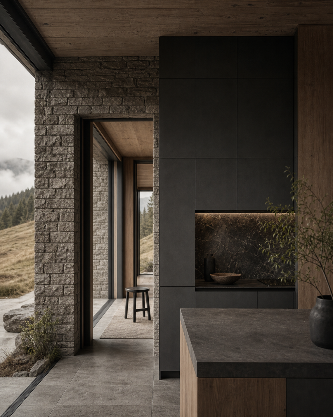 Modular kitchen surfaces with stone texture, oak warmth, and diffused daylight.