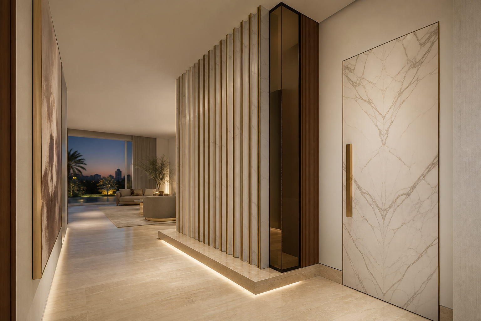 Fadior Silhouette Interior Door Suite with Fluted Shadow Passage Screen — interior room context showing cabinet integration