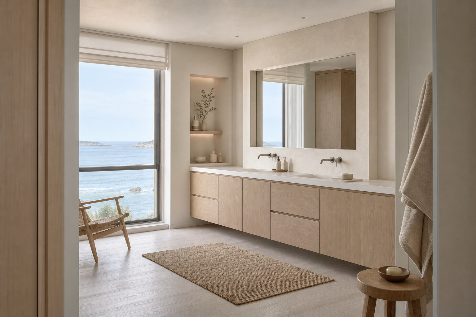 Fadior Ethereal Bath and Vanity Suite with Pearl Recessed Care Ledge — interior room context showing cabinet integration
