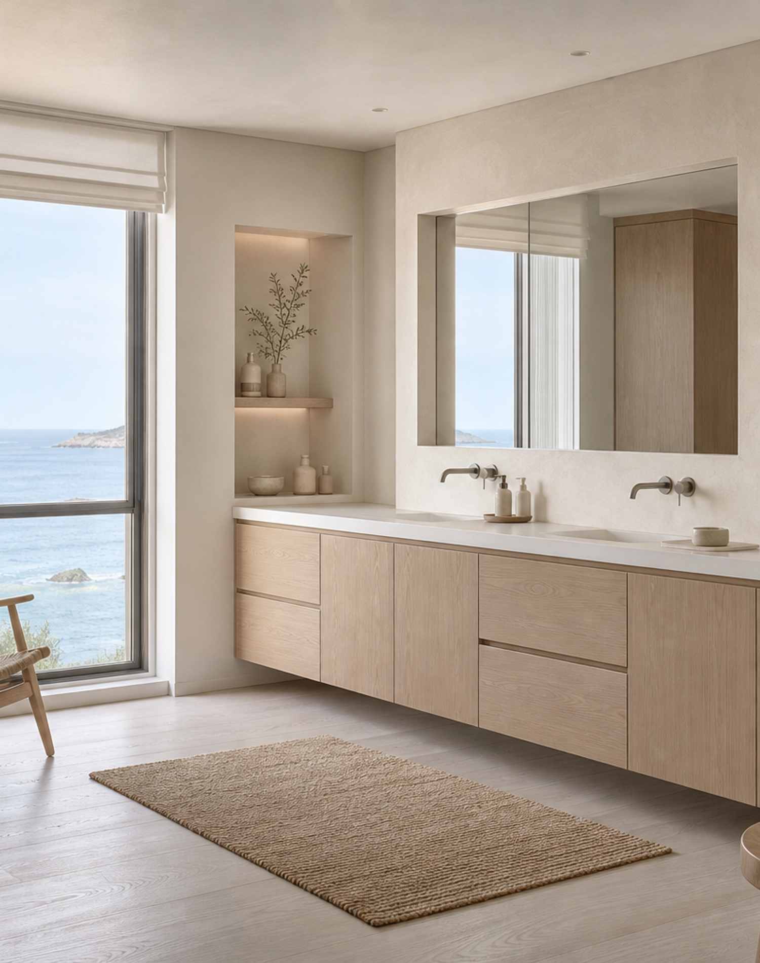 Fadior Ethereal Bath and Vanity Suite with Pearl Recessed Care Ledge — interior room context showing cabinet integration