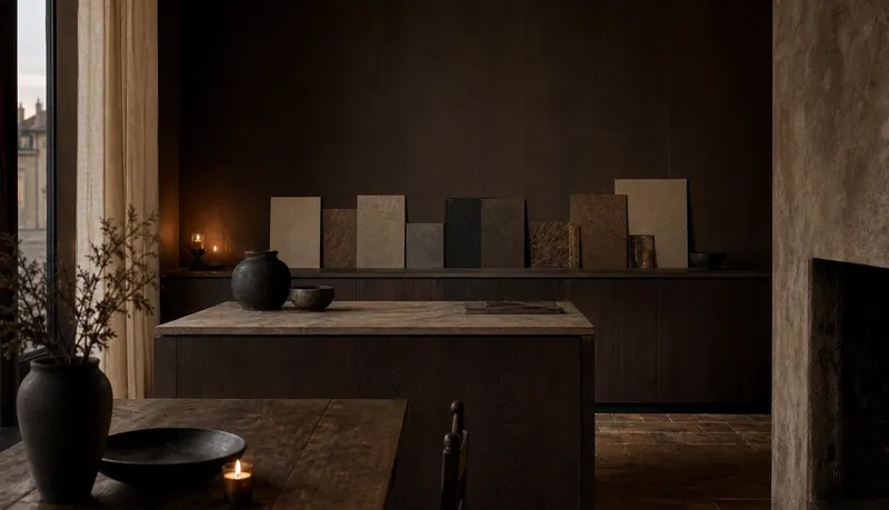 Luxury kitchen atmosphere with dark wood, warm putty plaster, and tactile material samples for Milan 2026. — 304 stainless steel cabinetry editorial by Fadior