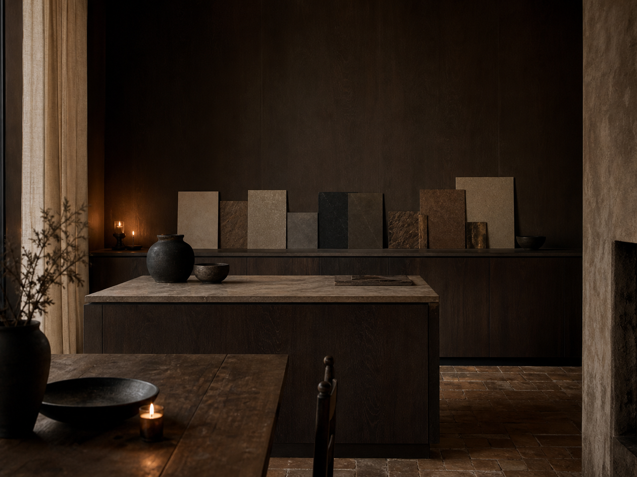 Luxury kitchen atmosphere with dark wood, warm putty plaster, and tactile material samples for Milan 2026. — 304 stainless steel cabinetry editorial by Fadior