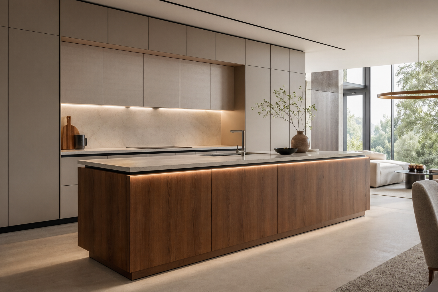 Fadior Pavilion Kitchen Suite with Integrated Light Band Island — lifestyle setting with natural light and residential styling