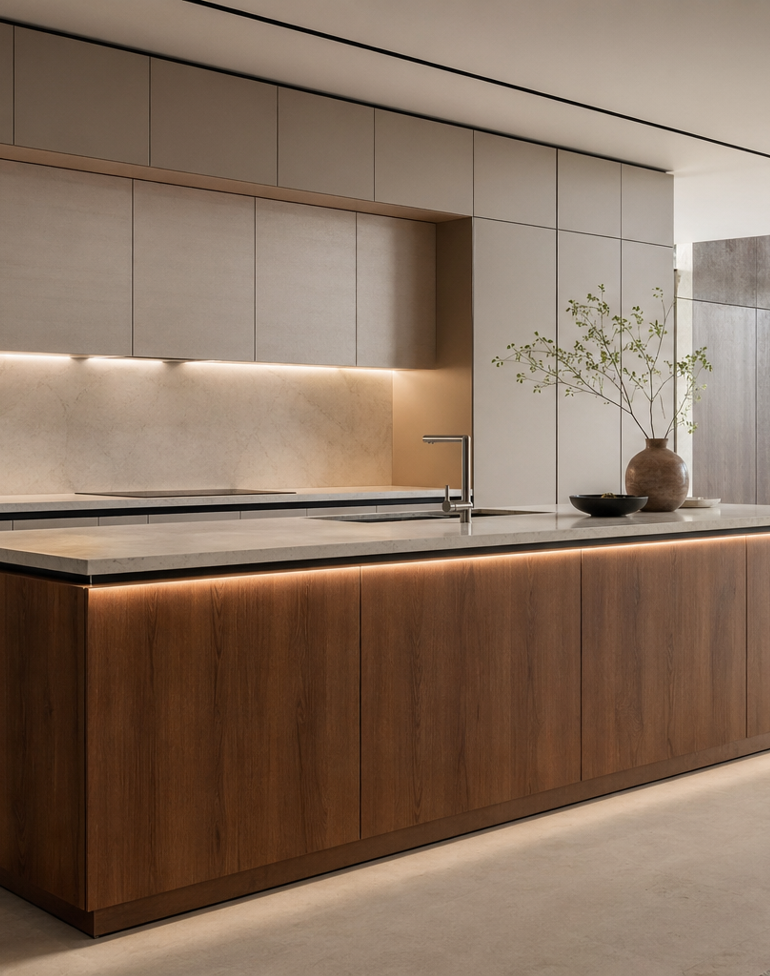 Fadior Pavilion Kitchen Suite with Integrated Light Band Island — lifestyle setting with natural light and residential styling