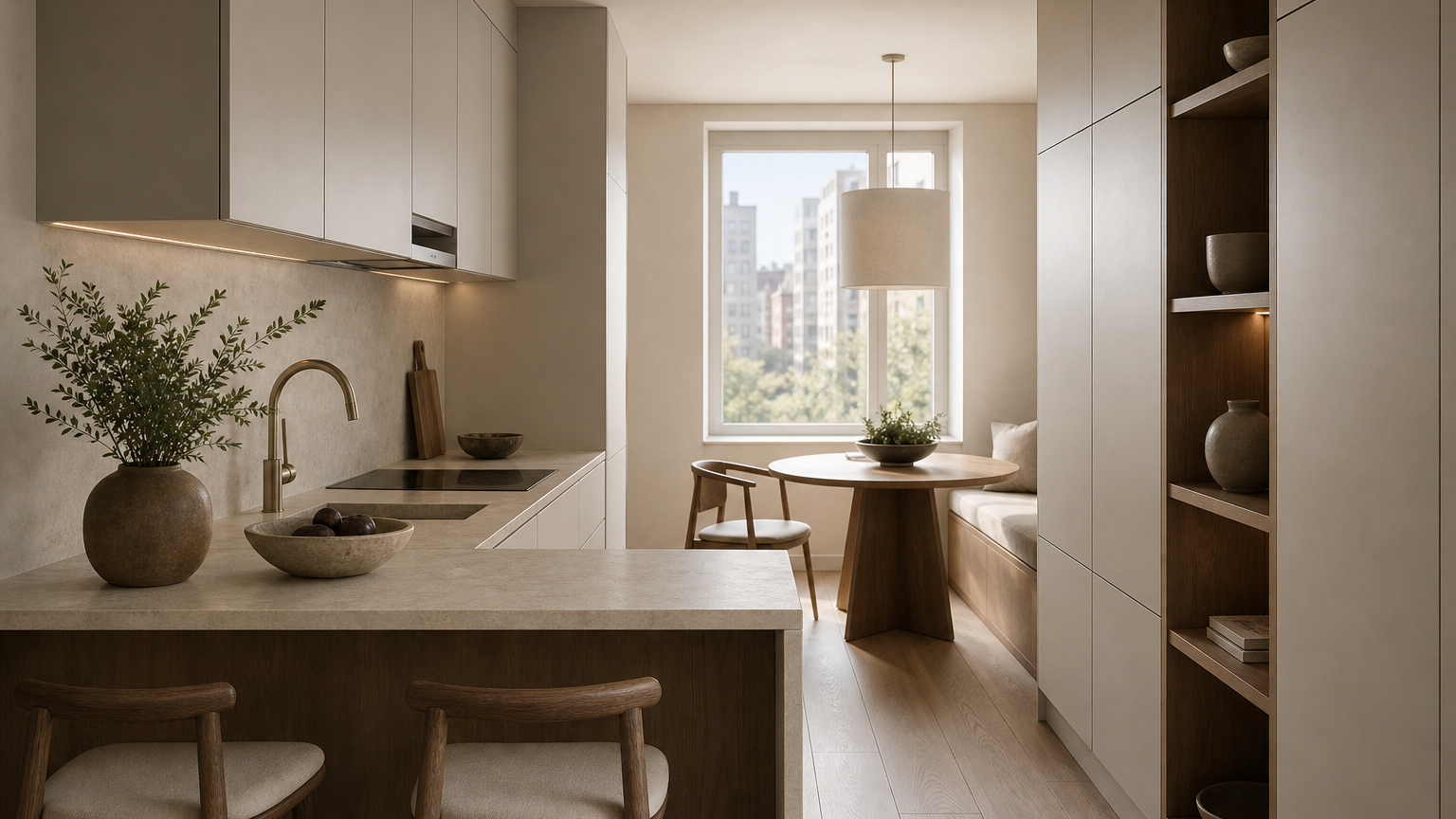 Compact apartment kitchen with breakfast nook, warm grey fronts, and a clear work aisle in soft daylight.
