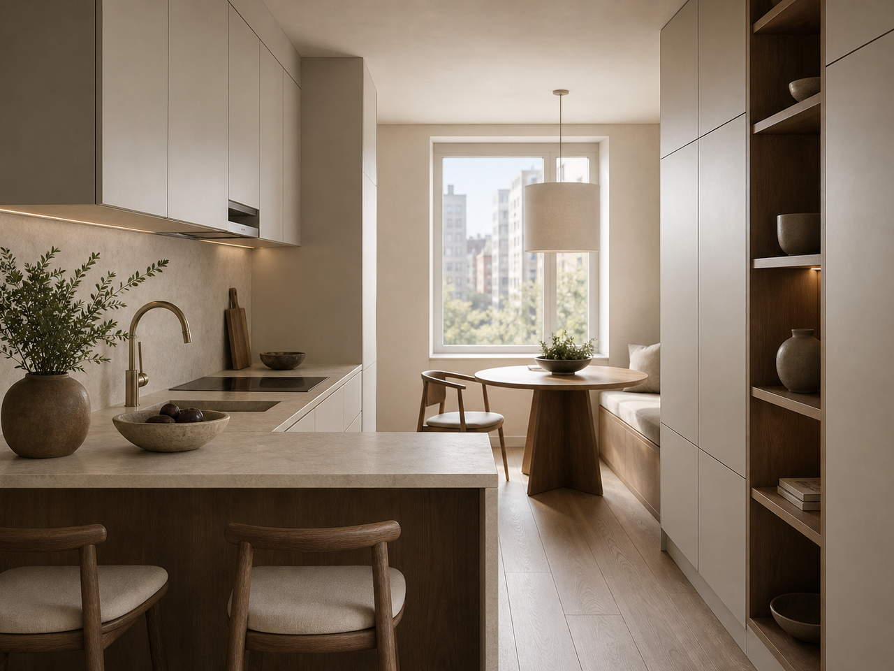 Compact apartment kitchen with breakfast nook, warm grey fronts, and a clear work aisle in soft daylight. — 304 stainless steel cabinetry editorial by Fadior