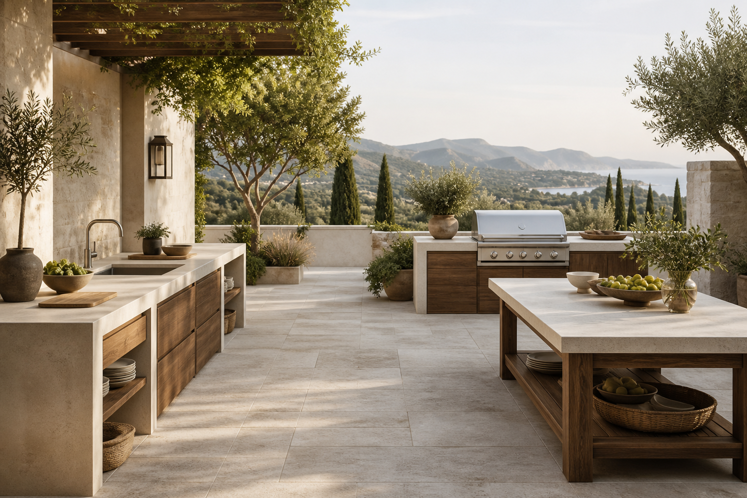 Outdoor grill, sink and serving zones arranged across a generous terrace without labels