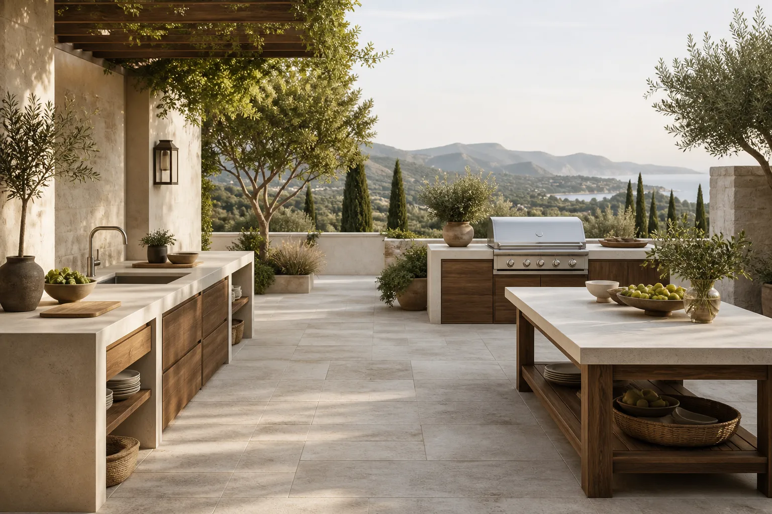 Outdoor grill, sink and serving zones arranged across a generous terrace without labels