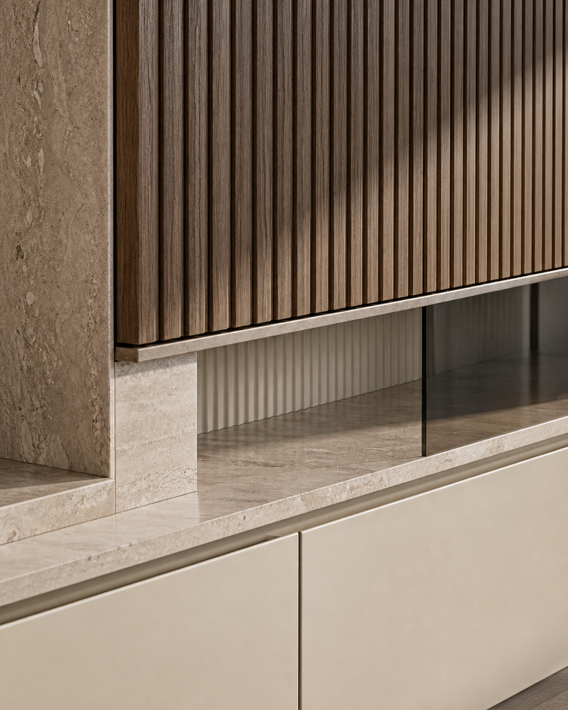 Fadior Veneto Living Room Suite with Reeded Library Projection Wall — close-up of stainless steel finish and hardware detail