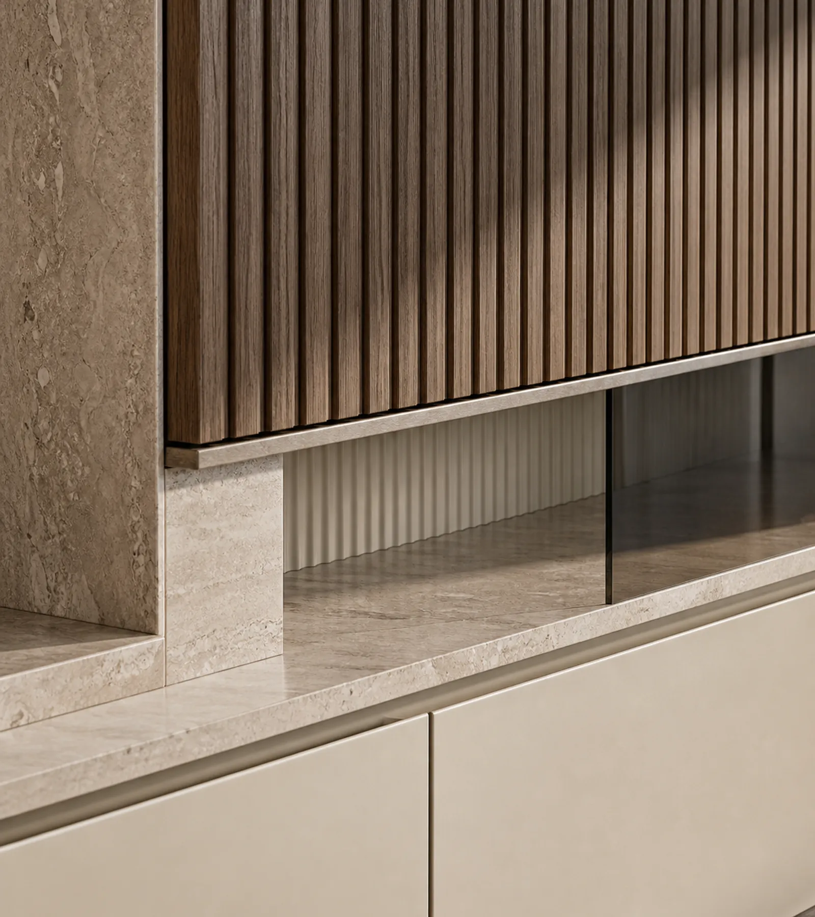 Fadior Veneto Living Room Suite with Reeded Library Projection Wall — close-up of stainless steel finish and hardware detail