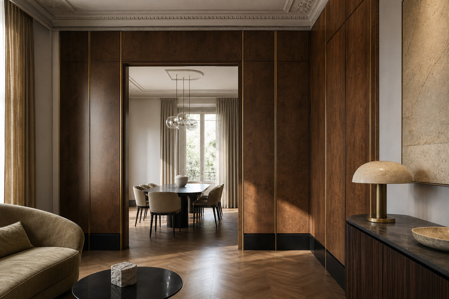 Fadior Miroir Wall Panel Suite with Reeded Pearl Glide Plane — interior room context showing cabinet integration
