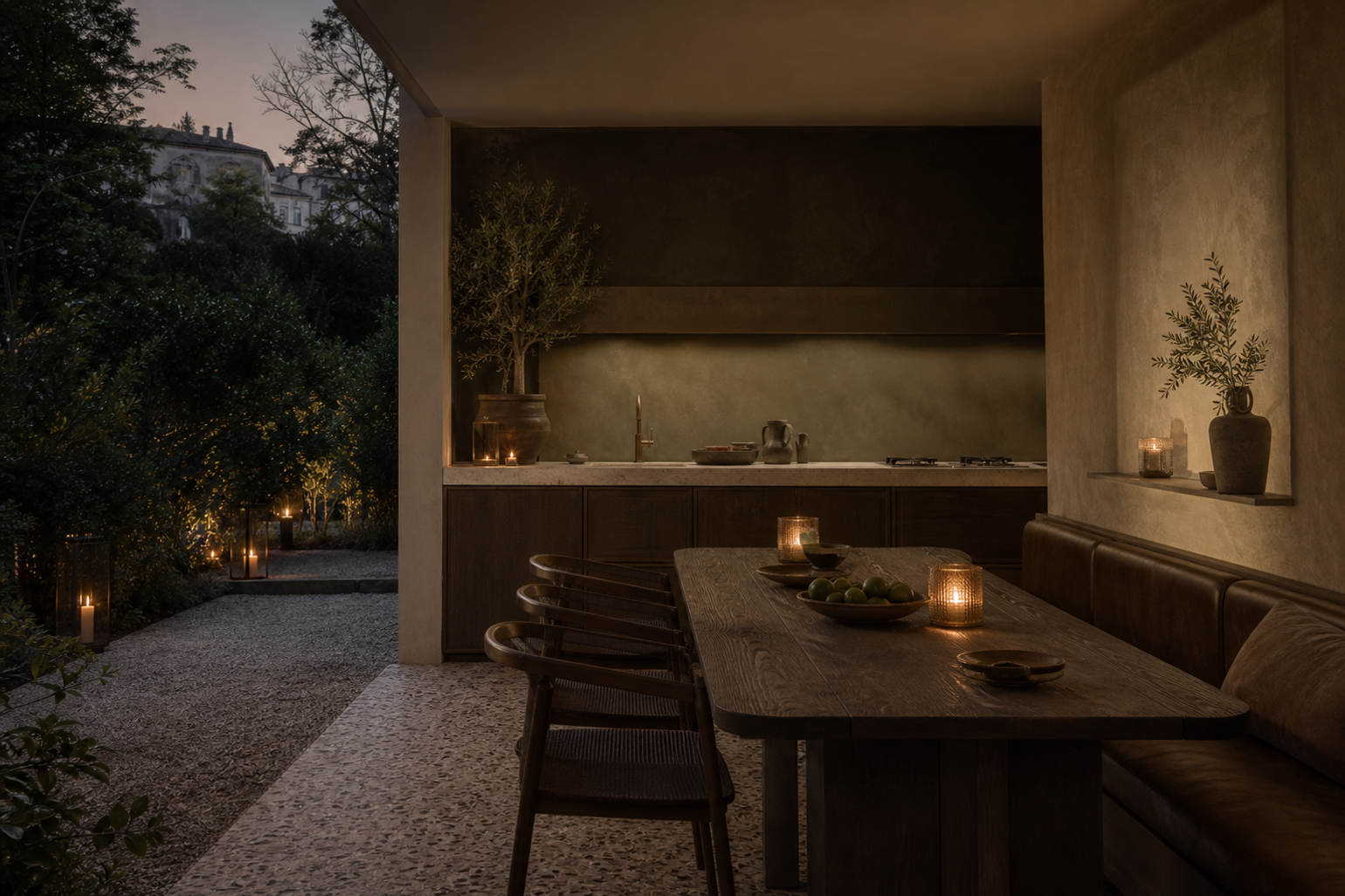 Calm terrace kitchen and dining area with dark wood modules, leather banquette, and garden lighting.