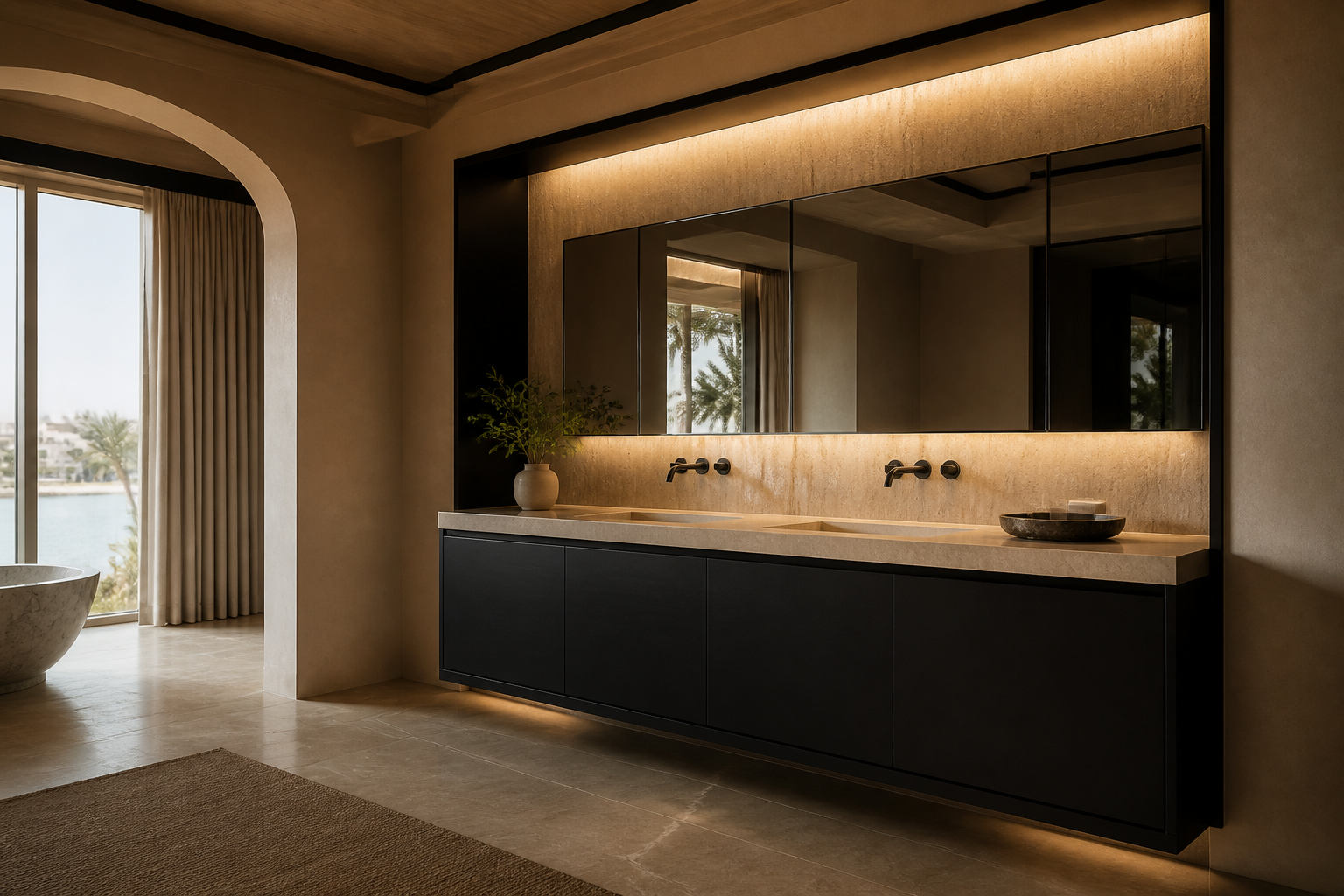 Fadior Nacre Bath and Vanity Suite with Porcelain Radiance Washwall — interior room context showing cabinet integration