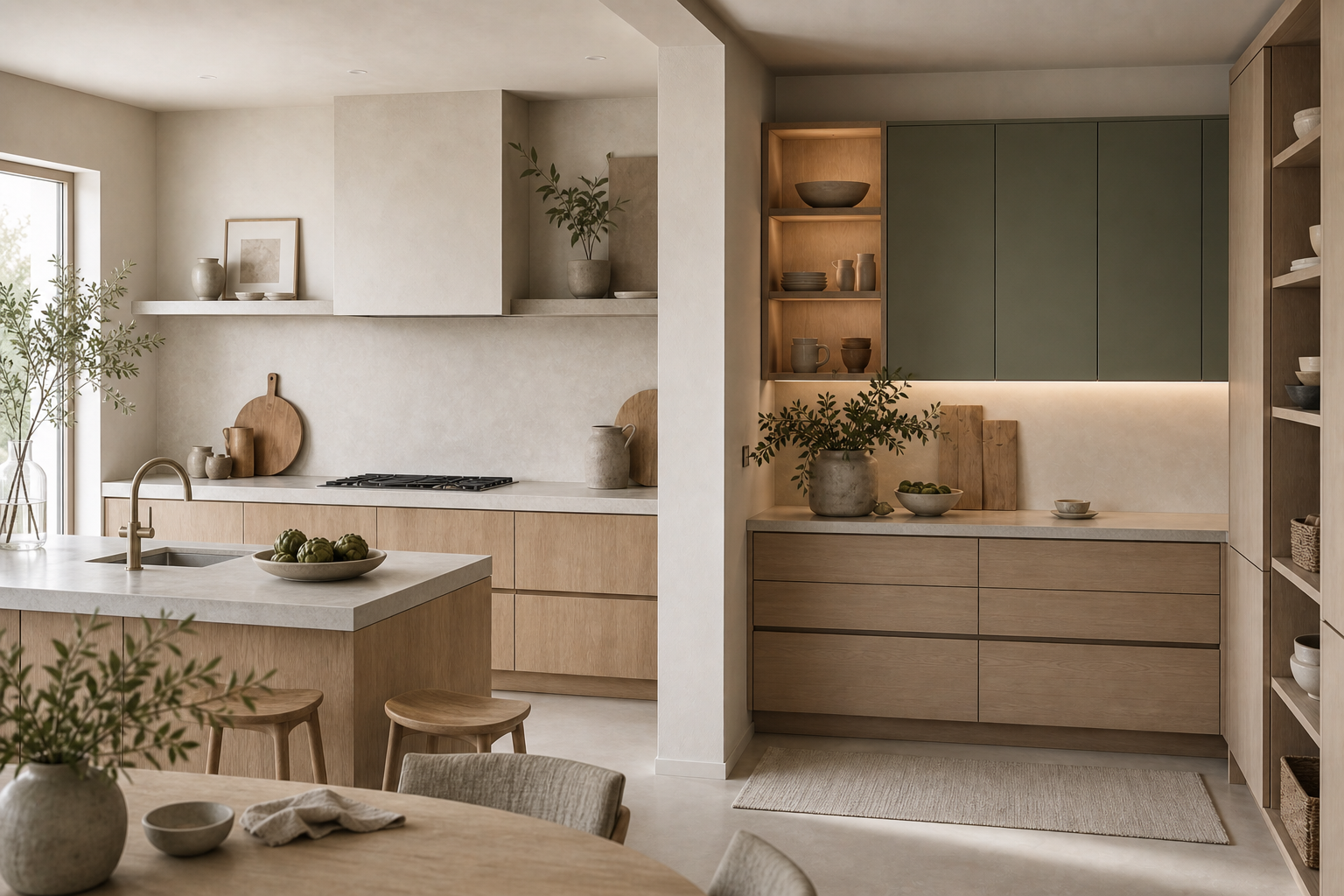 Contemporary kitchen with adjacent cooking and pantry-prep zones for comparing storage choices.
