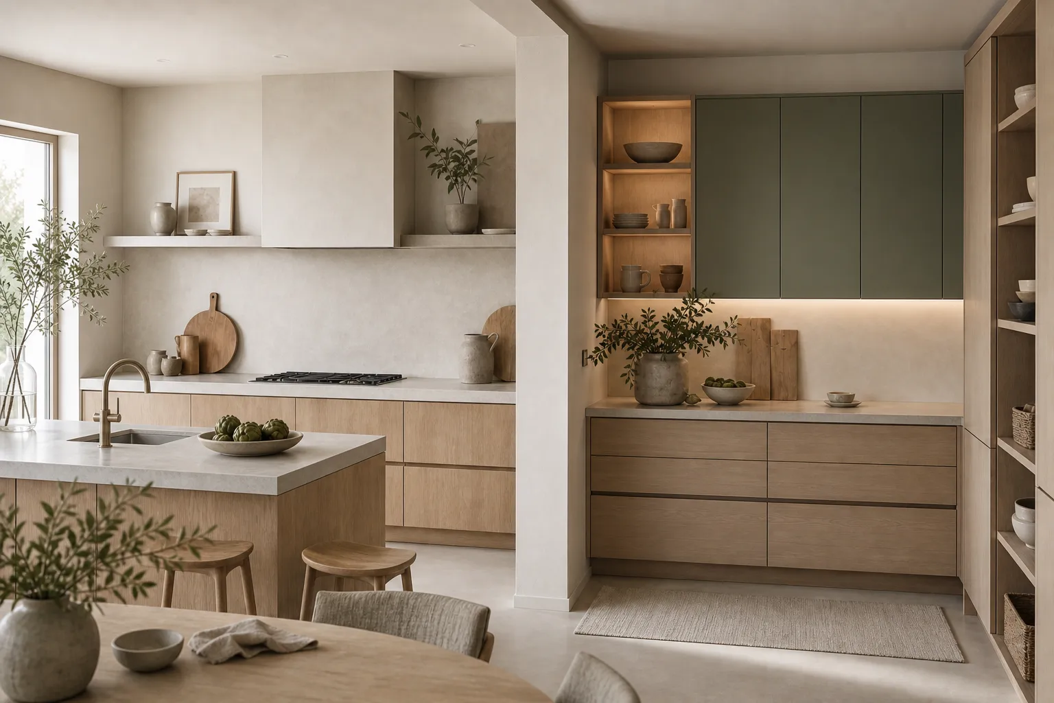 Contemporary kitchen with adjacent cooking and pantry-prep zones for comparing storage choices.