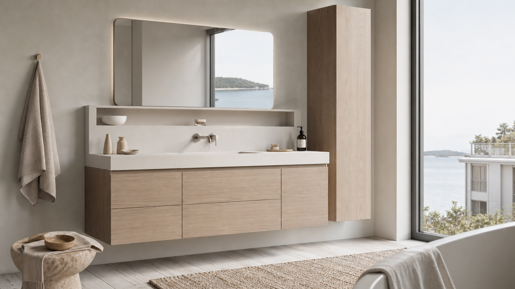 Fadior Nacre Bath and Vanity Suite with Soft Plaster Powder Niche — lifestyle setting with natural light and residential