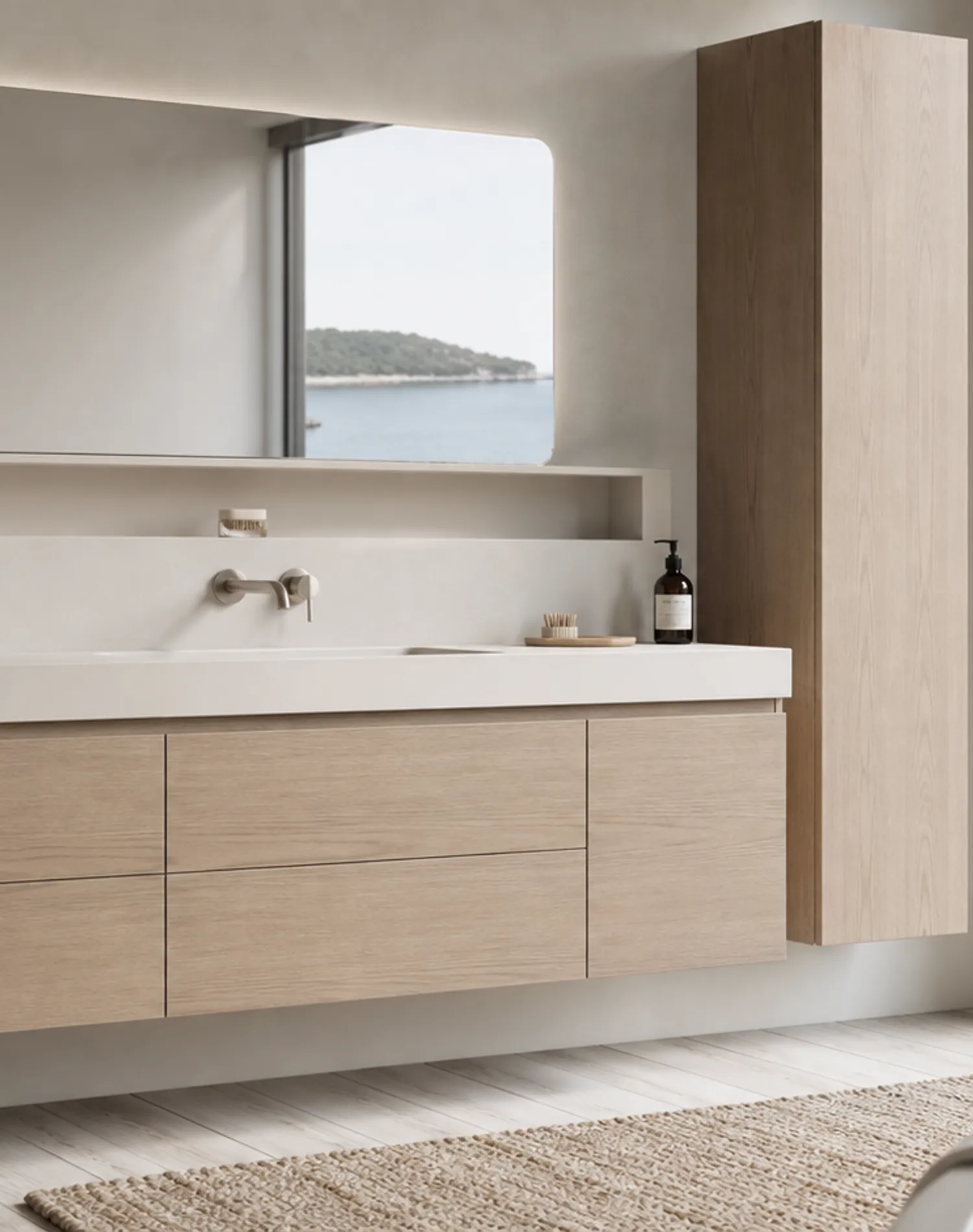 Fadior Nacre Bath and Vanity Suite with Soft Plaster Powder Niche — lifestyle setting with natural light and residential