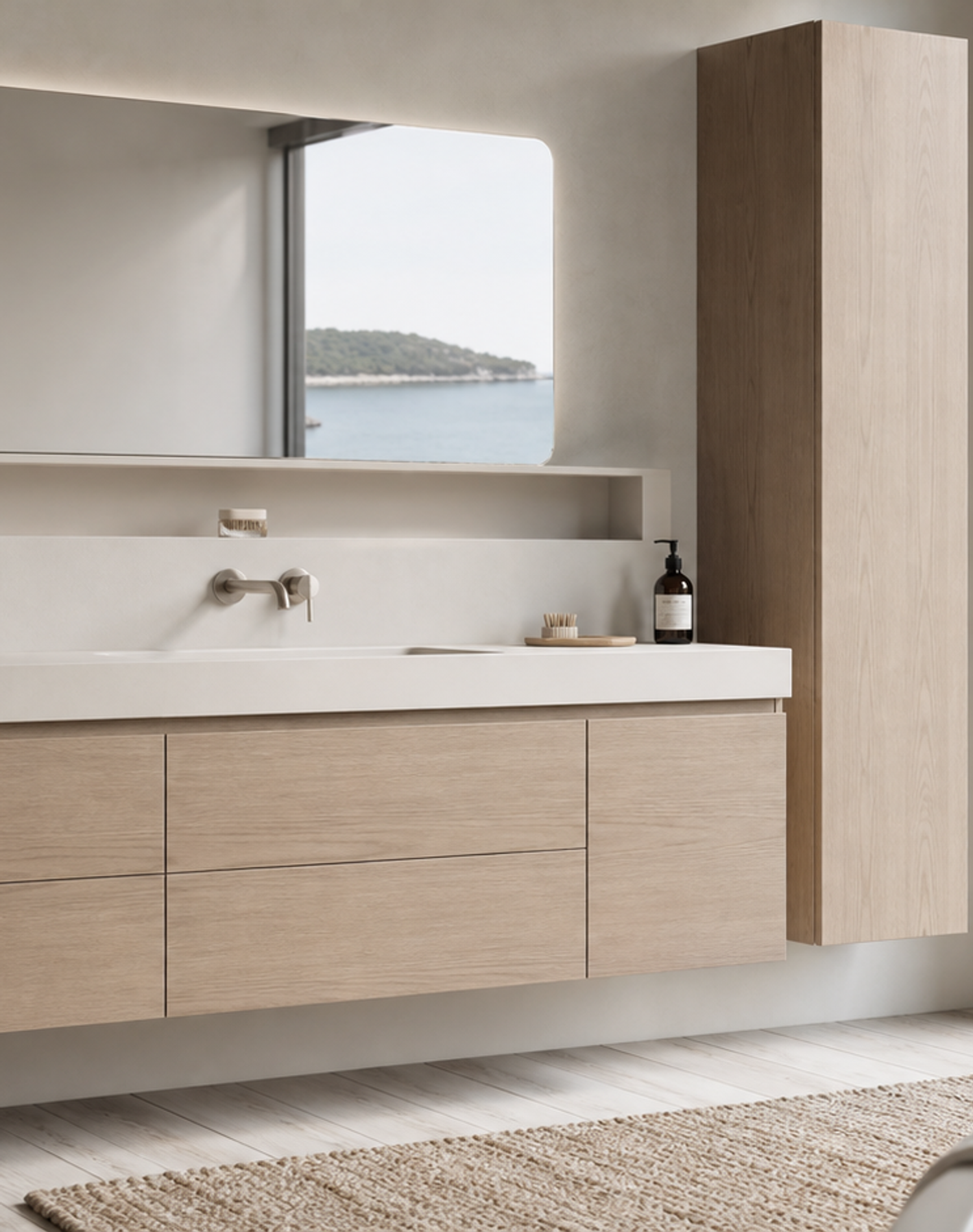 Fadior Nacre Bath and Vanity Suite with Soft Plaster Powder Niche — lifestyle setting with natural light and residential