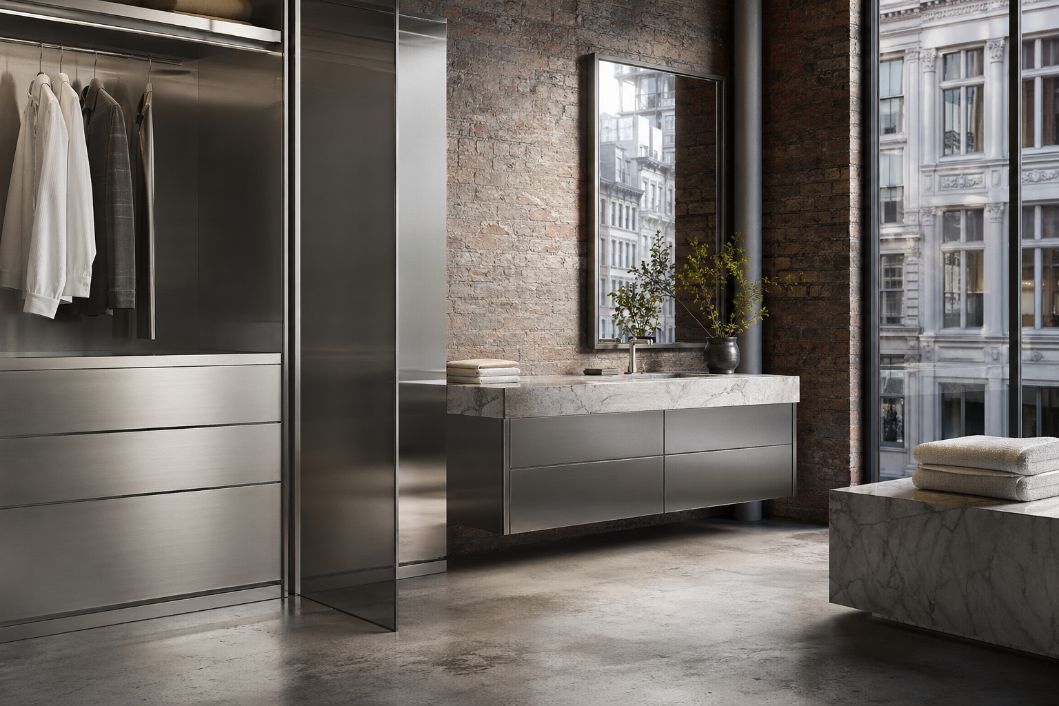 Fadior New York Flagship Showroom — wardrobe storage, marble vanity, mirror, glass window