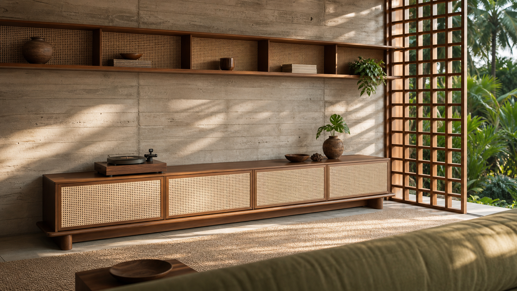 Fadior Veneto Living Room Suite with Concrete Cane Media Credenza — lifestyle setting with natural light and residential