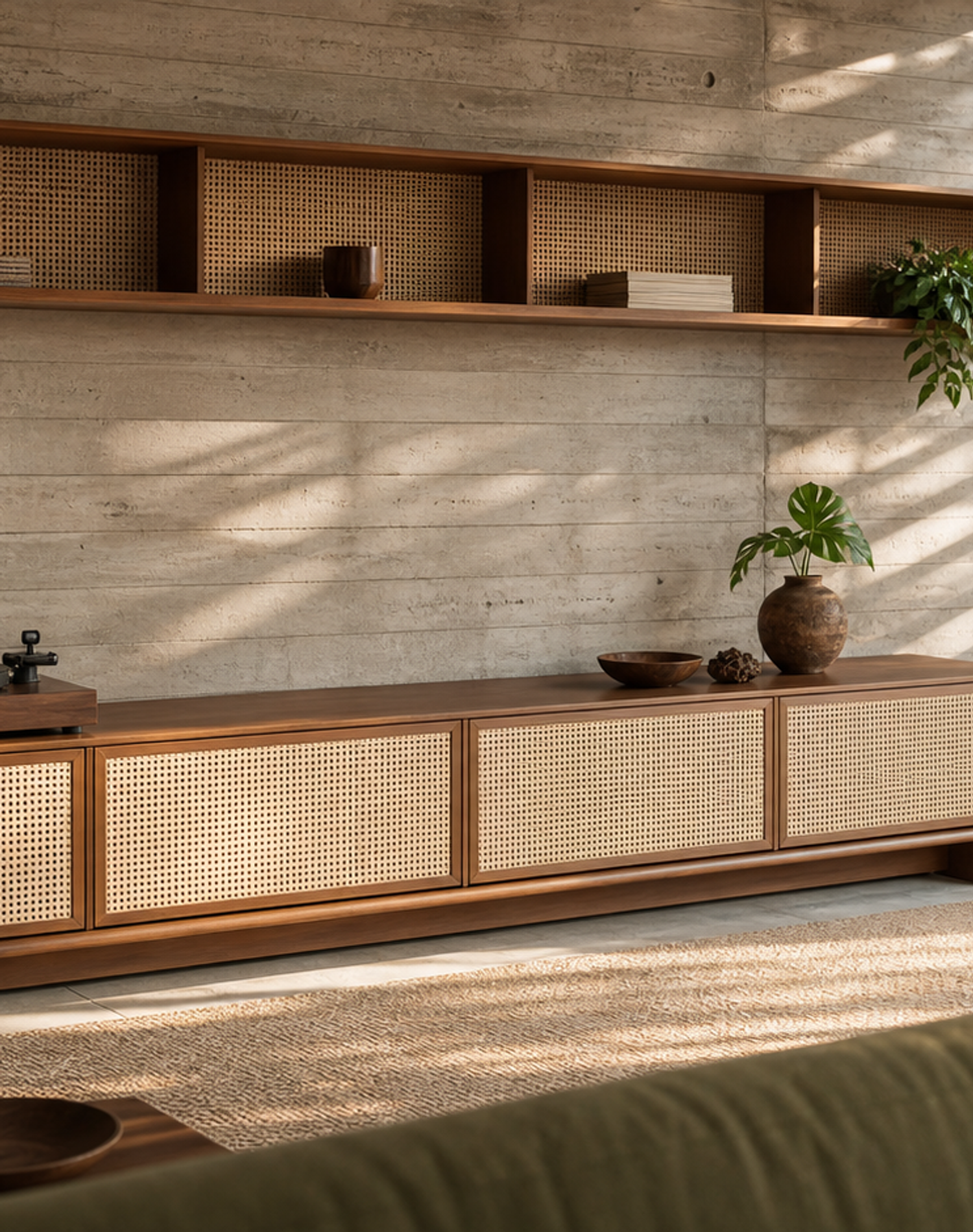 Fadior Veneto Living Room Suite with Concrete Cane Media Credenza — lifestyle setting with natural light and residential