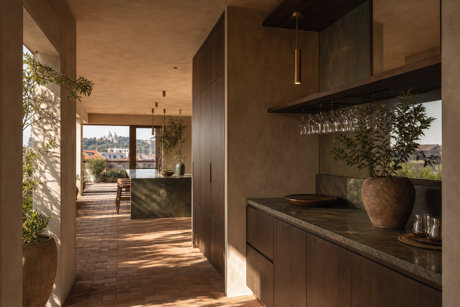 Fadior Budapest 125 sqm Kitchen Penthouse — Rooftop — Budapest pantry corridor with stainless storage, clay wall,