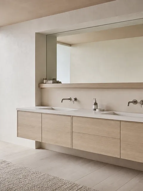 Suite de Baño y Tocador Ethereal con Estante de Cuidado de Roble FSC