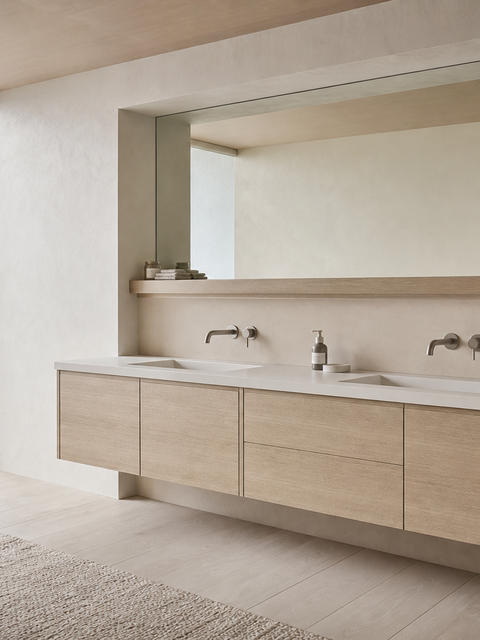 Fadior Ethereal Bath and Vanity Suite with FSC Oak Care Shelf — 304 stainless steel bath and vanity system, front view