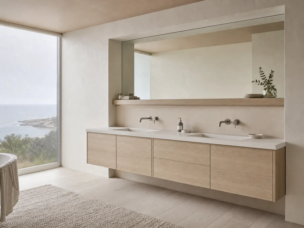 Fadior Ethereal Bath and Vanity Suite with FSC Oak Care Shelf - waterproof 304 stainless steel bath vanity with mirror storage, moisture-resistant finishes, and grooming storage