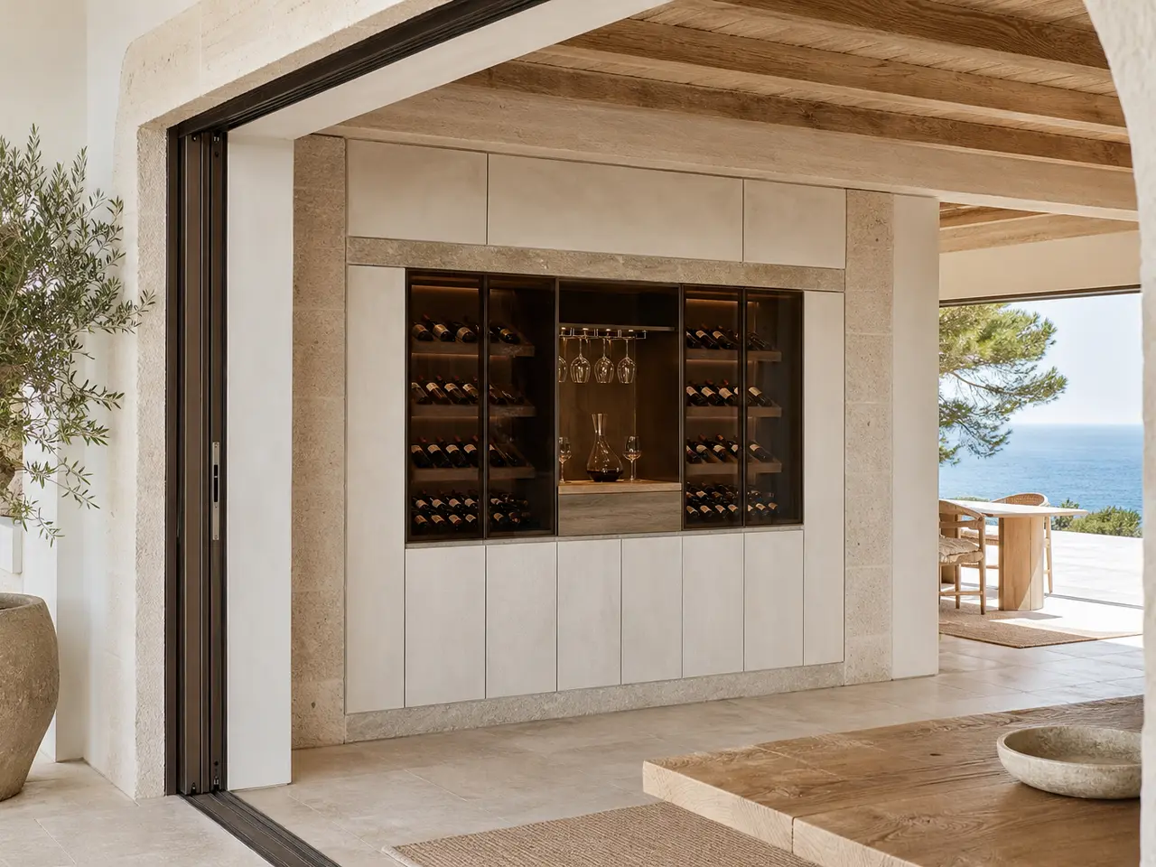 Fadior Gloria Wine Cabinet Suite with Smoked Glass Decanting Bay — 304 stainless steel wine cabinet system, front view