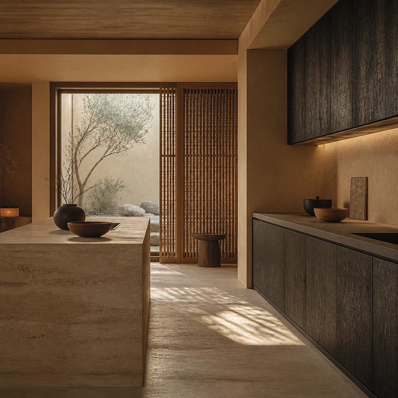 Decision comparison: two quiet cypress-and-clay kitchen zones support a EuroCucina material and layout review without labels.