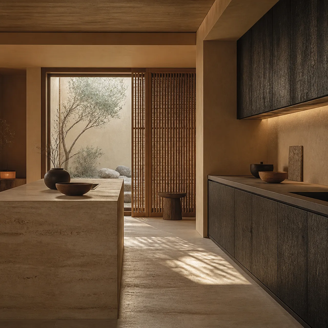 Decision comparison: two quiet cypress-and-clay kitchen zones support a EuroCucina material and layout review without labels.